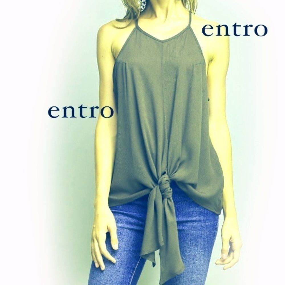 Entro Tie Front Spaghetti Strap Olive Green Tank